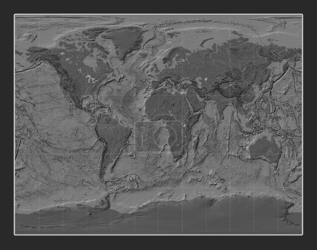 Foto de Límites de placas tectónicas en el mapa de elevación de bileveles del mundo en la proyección estereográfica Gall centrada en el meridiano primario - Imagen libre de derechos