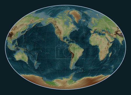 Téléchargez les photos : Carte d'élévation de style wikipédia du monde dans la projection Fahey centrée sur la 90e longitude méridienne ouest - en image libre de droit