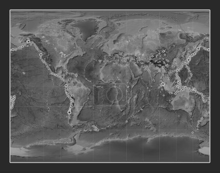 Foto de Localizaciones de terremotos por encima de 6,5 magnitudes registradas desde principios del siglo XVII en el mapa de elevación a escala de grises del mundo en la Gall Proyección estereográfica centrada en el meridiano primario - Imagen libre de derechos