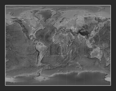 Foto de Límites de placas tectónicas en el mapa mundial de elevación a escala de grises en la Gall Proyección estereográfica centrada en el meridiano primario - Imagen libre de derechos