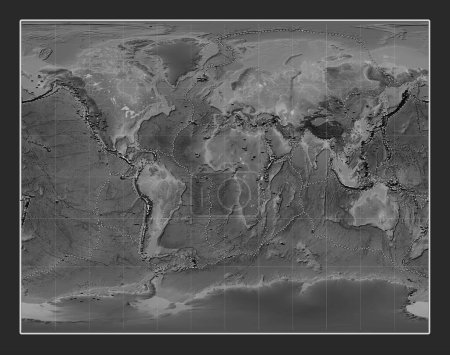 Foto de Distribución de volcanes conocidos en el mapa mundial de elevación a escala de grises en la Gall Proyección estereográfica centrada en el meridiano primario - Imagen libre de derechos