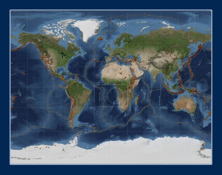 Photo for Distribution of known volcanoes on the world blue Marble satellite map in the Gall Stereographic projection centered on the prime meridian - Royalty Free Image