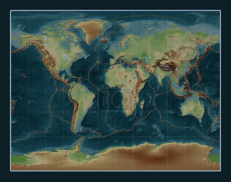 Foto de Distribución de volcanes conocidos en el mapa de elevación de estilo wiki mundial en la Gall Proyección estereográfica centrada en el meridiano primario - Imagen libre de derechos