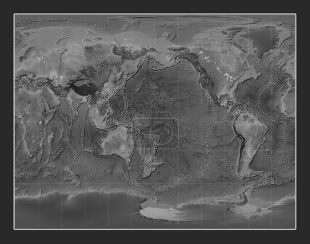 Foto de Límites de placas tectónicas en el mapa mundial de elevación a escala de grises en la proyección estereográfica Gall centrada en la línea de fecha - Imagen libre de derechos