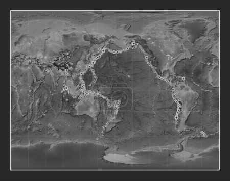 Foto de Ubicaciones de terremotos por encima de Richter 6.5 registradas desde principios del siglo XVII en el mapa mundial de elevación a escala de grises en la Gall Proyección estereográfica centrada en la línea de fecha - Imagen libre de derechos