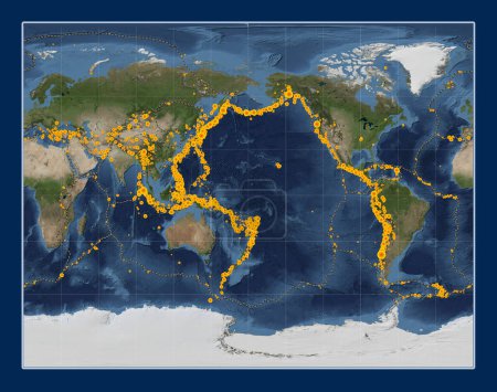 Photo for Locations of earthquakes above Richter 6.5 recorded since the early 17th century on the world blue Marble satellite map in the Gall Stereographic projection centered on the date line - Royalty Free Image