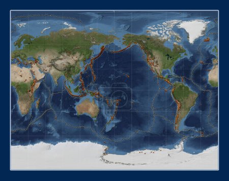 Photo for Distribution of known volcanoes on the world blue Marble satellite map in the Gall Stereographic projection centered on the date line - Royalty Free Image