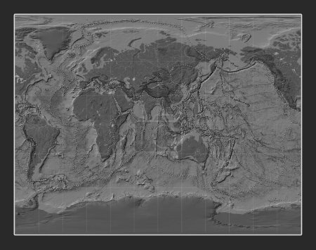 Téléchargez les photos : Limites des plaques tectoniques sur la carte de l'altitude bilevel mondiale dans la projection stéréographique de Gall centrée sur la 90e longitude est du méridien - en image libre de droit