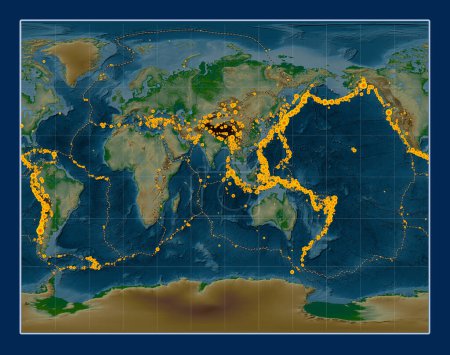 Foto de Ubicaciones de terremotos por encima de Richter 6.5 registradas desde principios del siglo XVII en el mapa de elevación física mundial en la Gall Proyección estereográfica centrada en la longitud del meridiano 90 este - Imagen libre de derechos