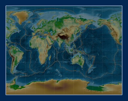 Foto de Límites de placas tectónicas en el mapa de elevación física del mundo en la proyección estereográfica Gall centrada en la longitud 90 meridiano este - Imagen libre de derechos