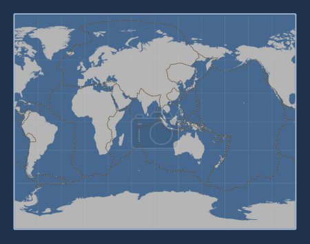 Téléchargez les photos : Limites des plaques tectoniques sur la carte de contour solide du monde dans la projection stéréographique de Gall centrée sur la 90e longitude est du méridien - en image libre de droit