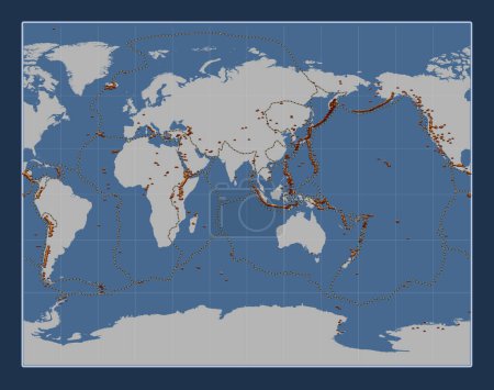Foto de Distribución de volcanes conocidos en el mapa del contorno sólido del mundo en la Gall Proyección estereográfica centrada en la longitud 90 meridiano-este - Imagen libre de derechos