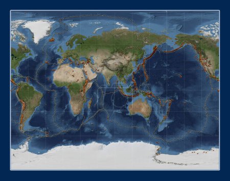 Téléchargez les photos : Distribution of known volcanoes on the world blue Marble satellite map in the Gall Projection stéréographique centrée sur le 90e méridien longitude est - en image libre de droit
