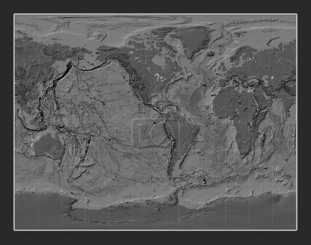 Foto de Distribución de volcanes conocidos en el mapa de elevación de bileveles del mundo en la Gall Proyección estereográfica centrada en la longitud del meridiano 90 oeste - Imagen libre de derechos