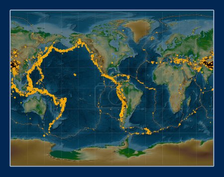 Foto de Ubicaciones de terremotos por encima de Richter 6.5 registradas desde principios del siglo XVII en el mapa de elevación física mundial en la Gall Proyección estereográfica centrada en la longitud del meridiano 90 oeste - Imagen libre de derechos