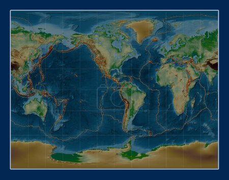 Téléchargez les photos : Distribution of known volcanoes on the world physical elevation map in the Gall Projection stéréographique centrée sur le 90e méridien longitude ouest - en image libre de droit