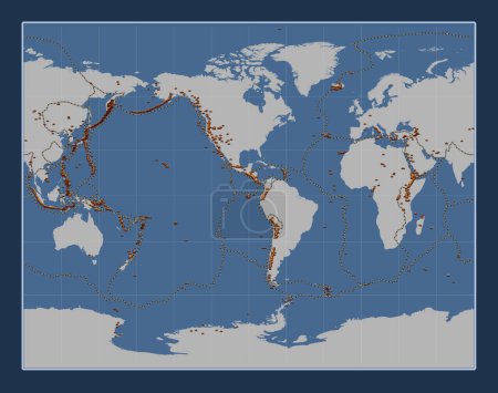 Foto de Distribución de volcanes conocidos en el mapa del contorno sólido mundial en la Gall Proyección estereográfica centrada en la longitud meridional 90 oeste - Imagen libre de derechos