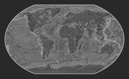 Foto de Localizaciones de terremotos por encima de 6,5 magnitudes registradas desde principios del siglo XVII en el mapa de elevación de bileveles del mundo en la proyección de Kavrayskiy VII centrada en el meridiano primario - Imagen libre de derechos