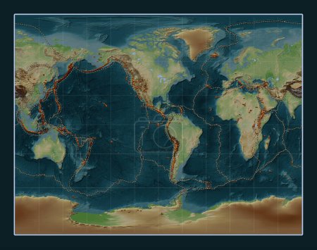 Photo for Distribution of known volcanoes on the world wikipedia style elevation map in the Gall Stereographic projection centered on the 90th meridian west longitude - Royalty Free Image