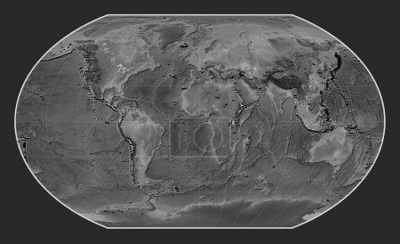 Téléchargez les photos : Distribution of known volcanoes on the world grayscale elevation map in the Kavrayskiy VII projection centred on the prime meridian - en image libre de droit