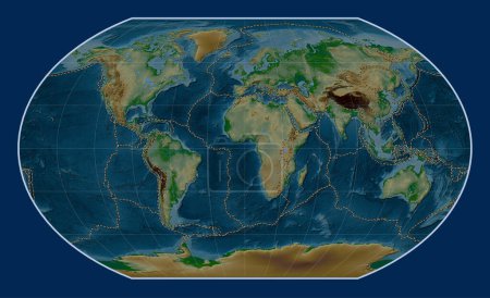 Photo for Tectonic plate boundaries on the world physical elevation map in the Kavrayskiy VII projection centered on the prime meridian - Royalty Free Image