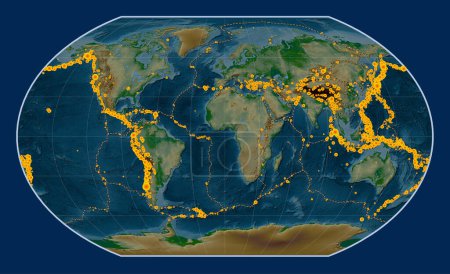 Foto de Situaciones de terremotos de magnitud superior a 6,5 registradas desde principios del siglo XVII en el mapa de elevación física mundial en la proyección de Kavrayskiy VII centrada en el meridiano primario - Imagen libre de derechos