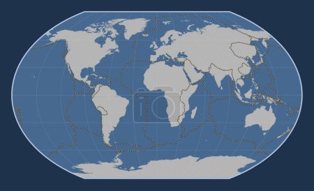 Foto de Límites de placas tectónicas en el mapa del contorno sólido mundial en la proyección de Kavrayskiy VII centrada en el meridiano primario - Imagen libre de derechos