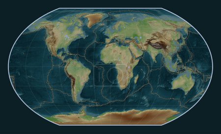 Foto de Límites de placas tectónicas en el mapa de elevación de estilo wiki mundial en la proyección de Kavrayskiy VII centrada en el meridiano primario - Imagen libre de derechos