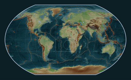 Photo for Distribution of known volcanoes on the world wiki style elevation map in the Kavrayskiy VII projection centered on the prime meridian - Royalty Free Image