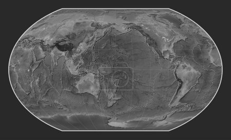 Photo for Tectonic plate boundaries on the world grayscale elevation map in the Kavrayskiy VII projection centered on the date line - Royalty Free Image