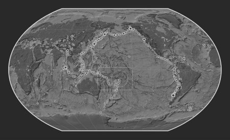 Foto de Ubicaciones de terremotos por encima de Richter 6.5 registradas desde principios del siglo XVII en el mapa de elevación de bileveles del mundo en la proyección de Kavrayskiy VII centrada en la línea de fecha - Imagen libre de derechos