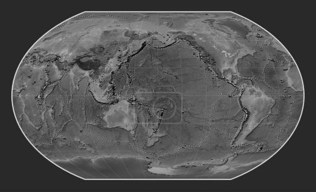 Téléchargez les photos : Distribution of known volcanoes on the world grayscale elevation map in the Kavrayskiy VII projection centered on the date line - en image libre de droit