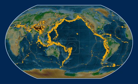 Foto de Ubicaciones de terremotos por encima de Richter 6.5 registradas desde principios del siglo XVII en el mapa de elevación física mundial en la proyección de Kavrayskiy VII centrada en la línea de fecha - Imagen libre de derechos