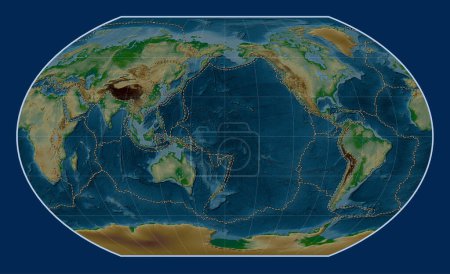 Photo for Tectonic plate boundaries on the world physical elevation map in the Kavrayskiy VII projection centered on the date line - Royalty Free Image