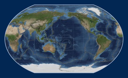 Photo for Tectonic plate boundaries on the world blue Marble satellite map in the Kavrayskiy VII projection centered on the date line - Royalty Free Image