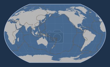 Téléchargez les photos : Limites des plaques tectoniques sur la carte de contour solide du monde dans la projection Kavrayskiy VII centrée sur la ligne de date - en image libre de droit