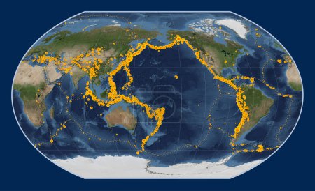 Photo for Locations of earthquakes above Richter 6.5 recorded since the early 17th century on the world blue Marble satellite map in the Kavrayskiy VII projection centered on the date line - Royalty Free Image