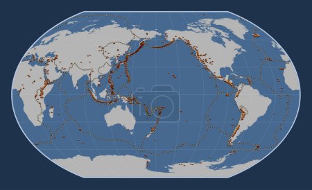 Photo for Distribution of known volcanoes on the world solid contour map in the Kavrayskiy VII projection centered on the date line - Royalty Free Image