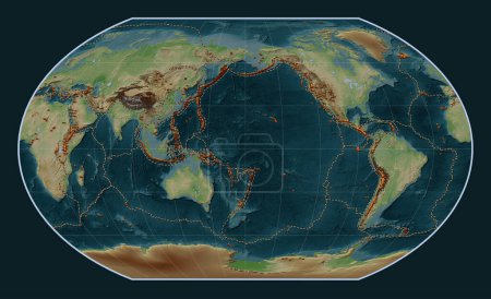 Téléchargez les photos : Distribution of known volcanoes on the world wikipedia style elevation map in the Kavrayskiy VII projection centered on the date line - en image libre de droit