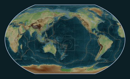Foto de Límites de placas tectónicas en el mapa de elevación de estilo wikipedia mundial en la proyección de Kavrayskiy VII centrada en la línea de fecha - Imagen libre de derechos