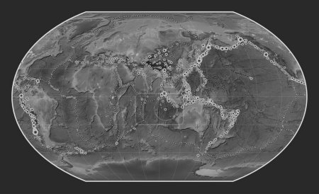 Photo for Locations of earthquakes above Richter 6.5 recorded since the early 17th century on the world grayscale elevation map in the Kavrayskiy VII projection centered on the 90th meridian east longitude - Royalty Free Image