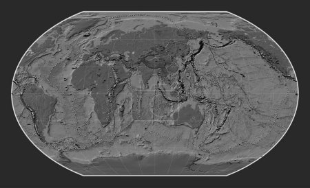 Téléchargez les photos : Distribution of known volcanoes on the world bilevel elevation map in the Kavrayskiy VII projection centered on the 90th meridian east longitude - en image libre de droit