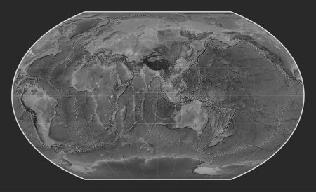 Téléchargez les photos : Limites des plaques tectoniques sur la carte de l'altitude mondiale en niveaux de gris dans la projection de Kavrayskiy VII centrée sur le 90e méridien longitude est - en image libre de droit