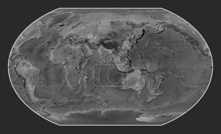 Téléchargez les photos : Distribution of known volcanoes on the world grayscale elevation map in the Kavrayskiy VII projection centered on the 90th meridian east longitude - en image libre de droit