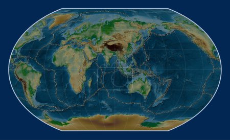 Téléchargez les photos : Limites des plaques tectoniques sur la carte de l'altitude physique mondiale dans la projection de Kavrayskiy VII centrée sur la 90e longitude est du méridien - en image libre de droit