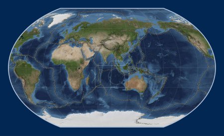 Photo for Tectonic plate boundaries on the world blue Marble satellite map in the Kavrayskiy VII projection centered on the 90th meridian east longitude - Royalty Free Image