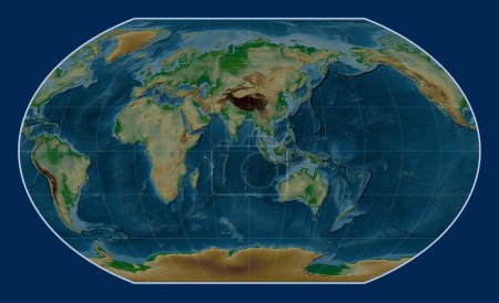 Téléchargez les photos : Carte de l'altitude physique mondiale dans la projection de Kavrayskiy VII centrée sur la 90e longitude est du méridien - en image libre de droit