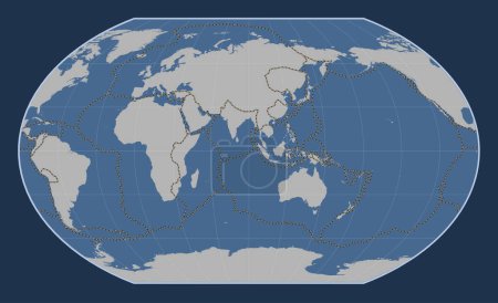 Téléchargez les photos : Limites des plaques tectoniques sur la carte des contours solides du monde dans la projection de Kavrayskiy VII centrée sur la 90e longitude est du méridien - en image libre de droit