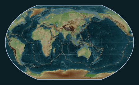 Photo for Tectonic plate boundaries on the world wikipedia style elevation map in the Kavrayskiy VII projection centered on the 90th meridian east longitude - Royalty Free Image