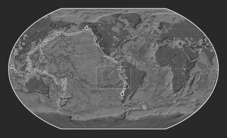 Foto de Ubicaciones de terremotos por encima de Richter 6.5 registradas desde principios del siglo XVII en el mapa de elevación de bileveles del mundo en la proyección de Kavrayskiy VII centrada en la longitud del meridiano 90 oeste - Imagen libre de derechos